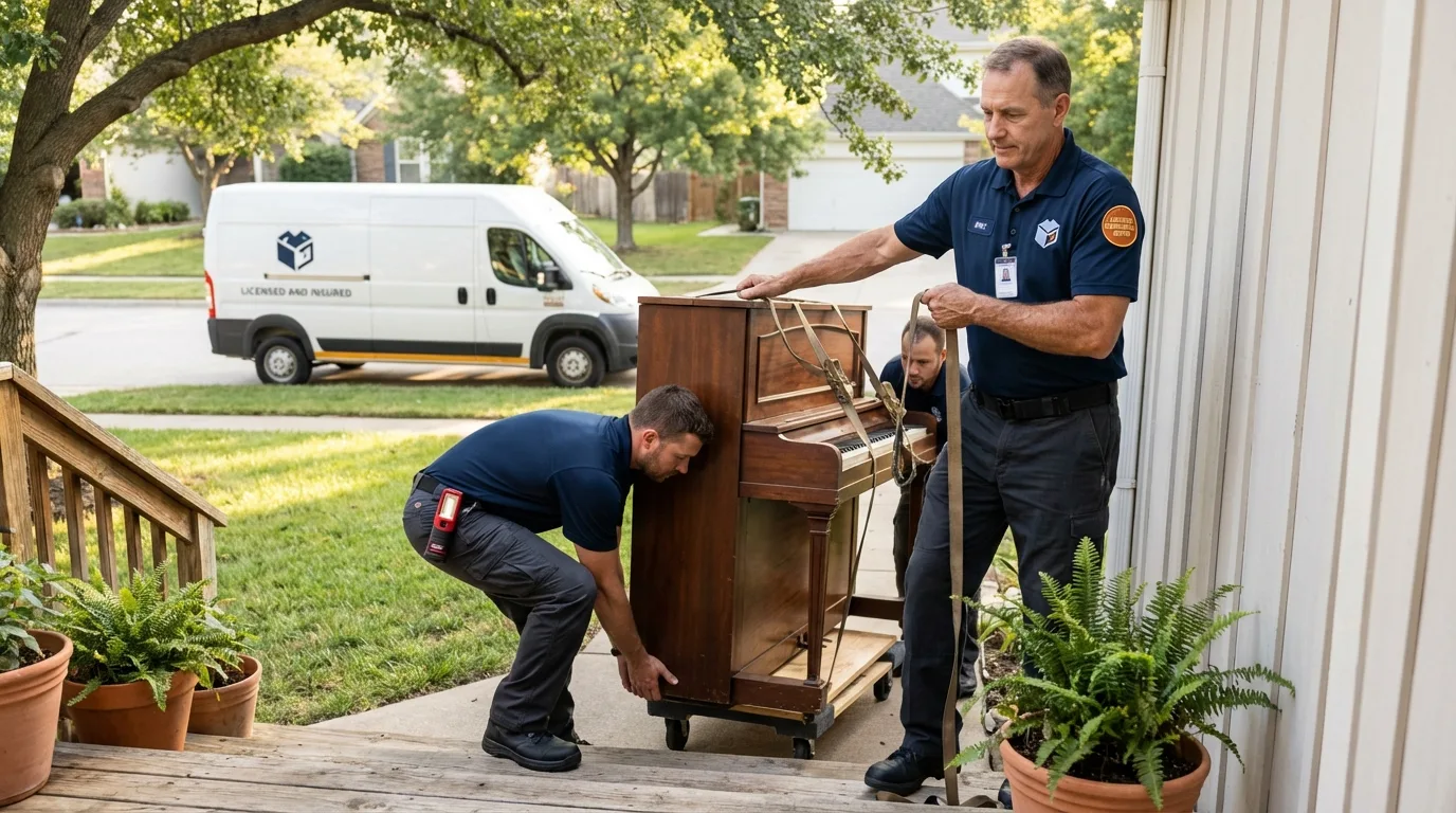 Licensed piano movers securing grand piano in Arverne, NY