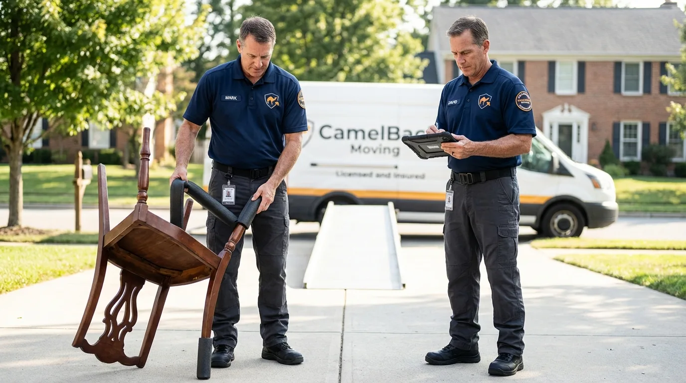 Movers inspecting furniture for damage prevention before loading in Arverne, NY