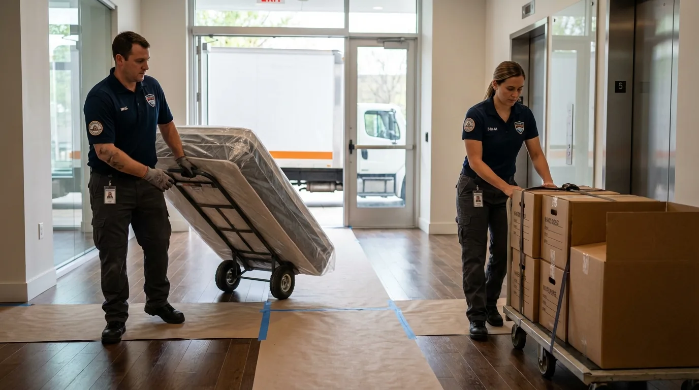 Professional apartment movers loading elevator in Arverne, NY