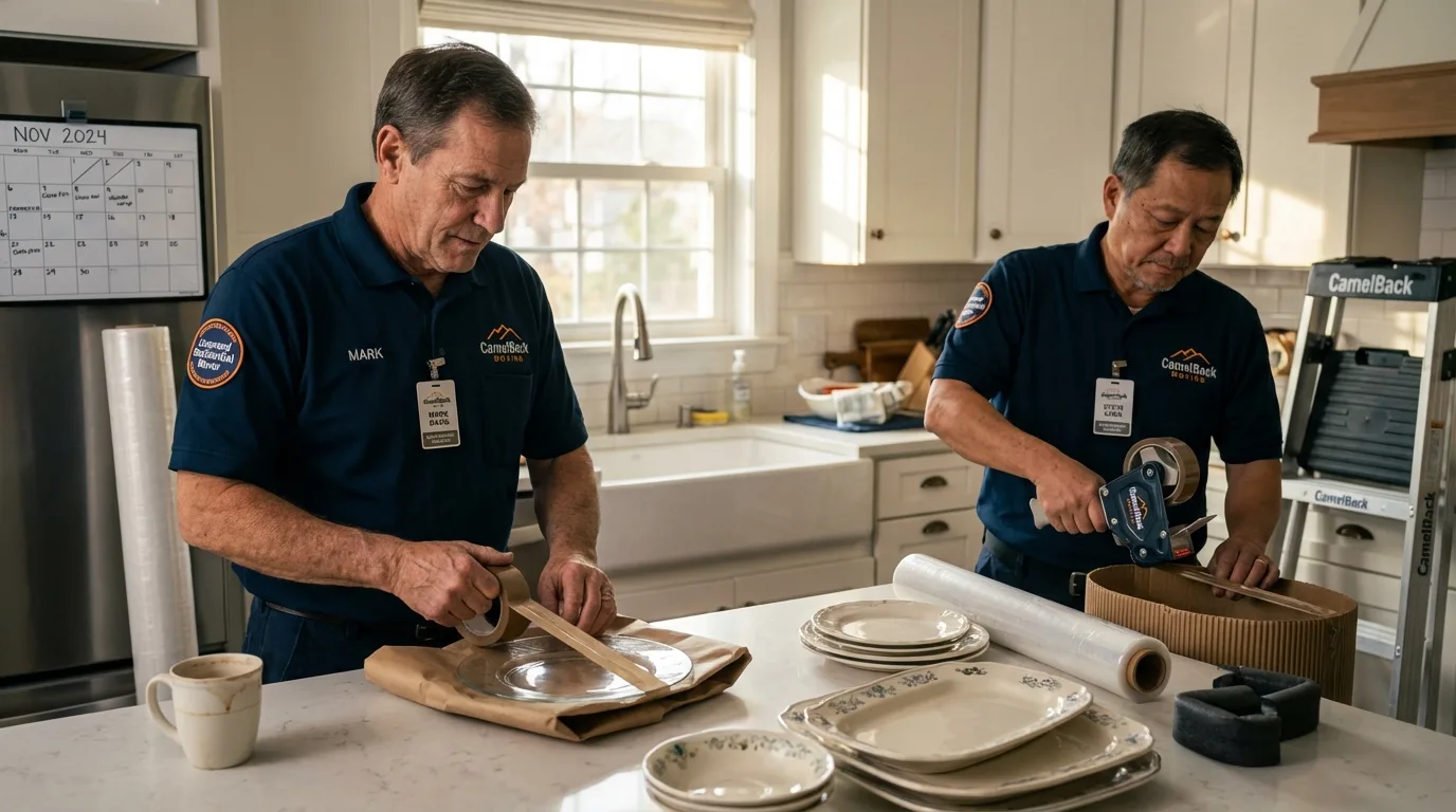 Professional crew packing kitchen dishware in Arverne, NY